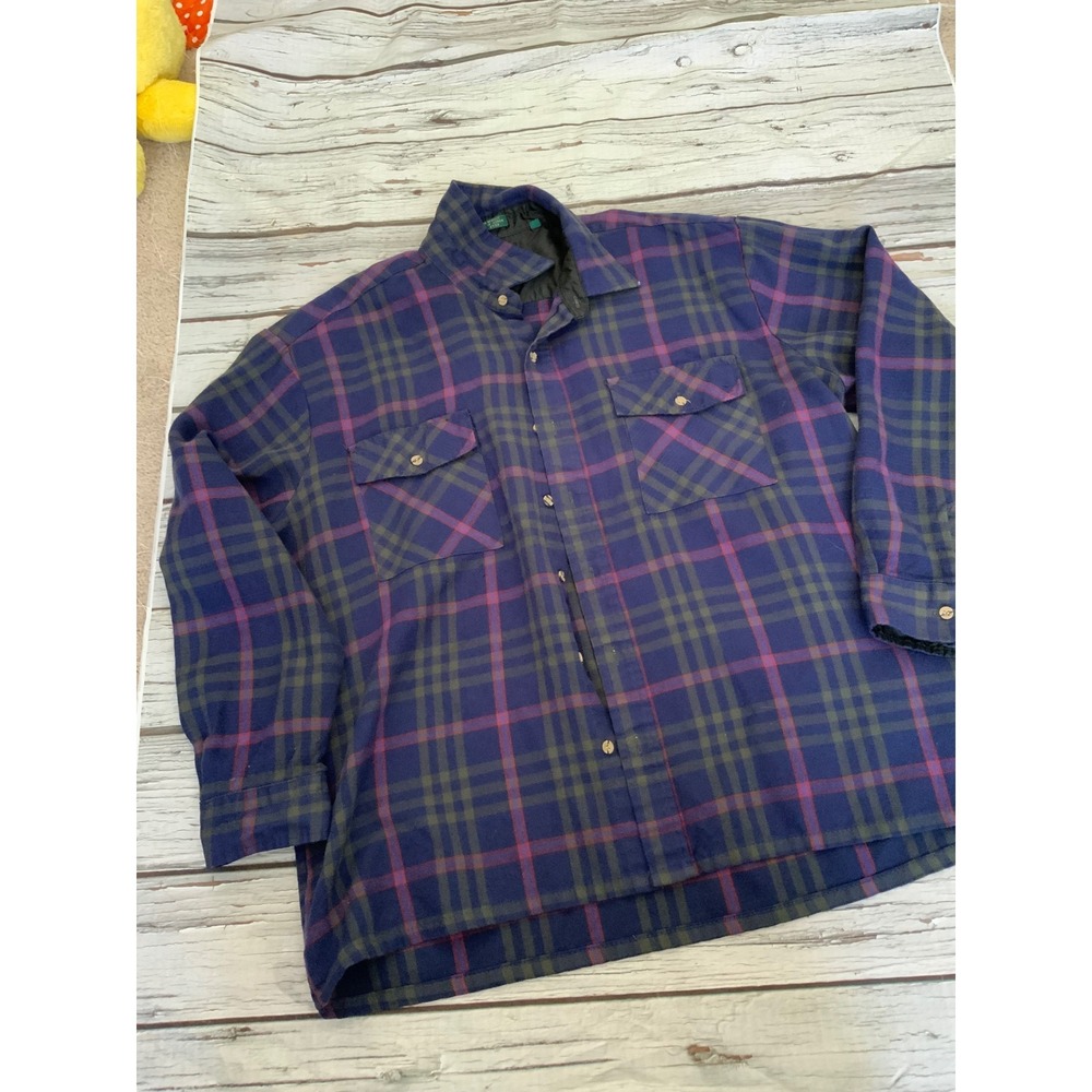 Vintage Mountain Express Plaid Flannel Shirt Mens XL‎ Purple Green Lined Button